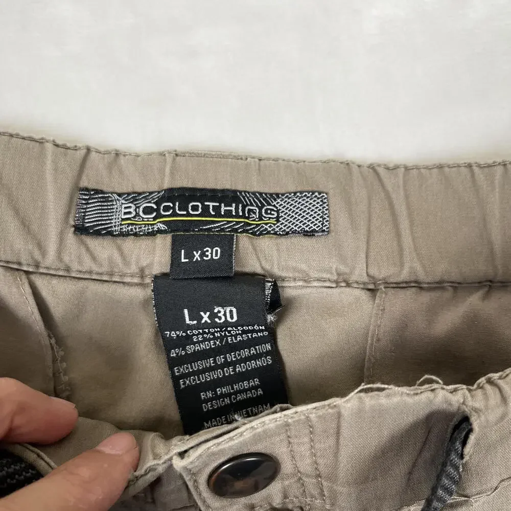 BC Clothing Cargo Pants Mens Large X 30 Beige Convertible Belted Hiking Outdoor